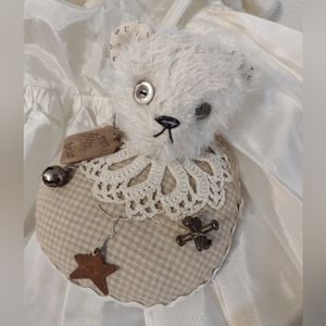 Mohair Teddy bear head pin cushion with vintage trims one of a kind
